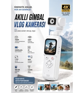 4K Ultra HD Profesyonel Aksiyon Kamerası Beyaz Vlog Kamera, 330° Dönebilir, Yüz Takibi, Dokunmatik Ekran, 75MP Fotoğraf Çözünürlüğü