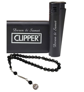 Özen Avm  İsme Özel Siyah Clipper Marka Pürmüz Alevli Metal Çakmak & Tesbih Hediye Seti