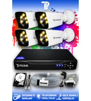 PICAM 4 Kameralı Kare 4 Dış Kamera Set 320 GB HDD Full HD Renkli Gece Görüşlü Güvenlik Kamerası Sistemi