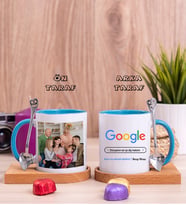 Diş Hekimine Hediye Google Tasarım Fotoğraflı Ahşap Altlıklı Mavi Kupa