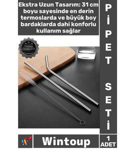 #PipetSeti Termos Uyumlu 31 cm Ekstra Uzun Paslanmaz Çelik Pipet Seti – 3 Parça Eğri + Düz + Fırça