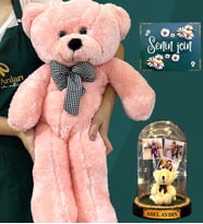 Kişiye Özel 3 Fotoğraflı, İsimli Led Işıklı Fanus ve Büyük Boy Pembe Peluş Ayıcık (Model 1)