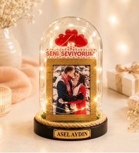 Kişiye Özel Fotoğraflı ve Yazılı LED Işıklı Fanus – Seni Seviyorum Temalı Romantik Hediye