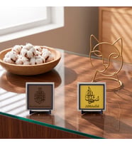 Kalplere Sükunet Veren Sübhânallah Zikri ve Arapça Metinli Bismillah İkili Özel Tasarım Masa Aksesuarı 10x10 cm, Açık Kahve - Sarı