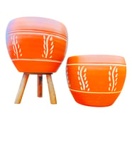 Bitki Tasarımı Nakış Desenli Terrakota Toprak Saksı Saksılık Salon Çiçeklik İkili Set Ayaksız - 3 Ayaklı- 15 Cm