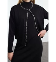 Tarz Kadın Modern Moda Normal Bel Boru Paça Dik Yaka İncili Triko Elbise Hırka Takım