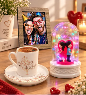 Kişiye Özel Fotoğraflı Hayat Ağacı Porselen Kahve Fincanı ve Renkli LED Sırt Sırta Fanus