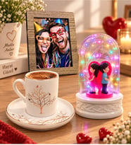 Kişiye Özel Fotoğraflı Hayat Ağacı Porselen Kahve Fincanı ve Renkli LED Sırt Sırta Fanus