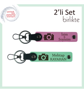 Objektifin Ardındaki Aşk, Kamera Temalı, İsme Yazılabilir 2’li Anahtarlık Seti, Pembe-Açık Yeşil