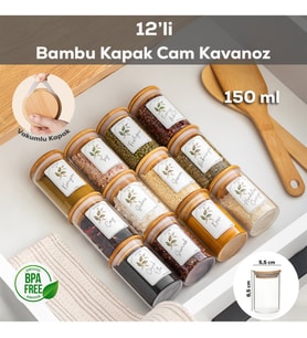 Porsima 3179 Cam 12 Parça Vakumlu Bambu Kapaklı Baharatlık Seti Takımı, Saklama Kabı Etiketli (150ml)