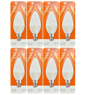 (8 Adet) Osaka 9W (70W) Sarı Işık (3000K) E14 Duylu (İnce Duy) Led Mum Ampul
