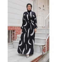Büyük Fırça Desenli Viskon Elbise Siyah