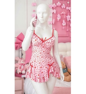 Trend Kadın Pembe Kalp Desenli Fırfırlı Saten Babydoll Gecelik - 3701