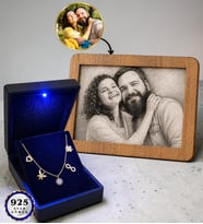 925 Ayar Altın Kaplama Şans Kolyesi ve Kişiye Özel Karakalem Fotoğraf Çerçevesi