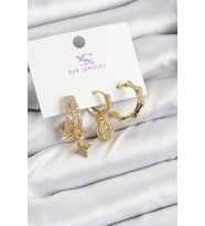 Pirinç Zi̇rkon Taşlı Sallantılı Yıldız Model Gold Renk 3'Lü Kadın Küpe - Tj-Bkp10938