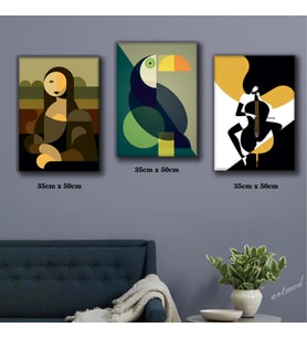 dekoratif monaliza çello kadın tablosu 3 adet 35cmx50cm kumaş baskılı canvas tablo
