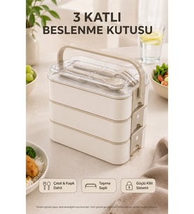 Bej 3 Katlı Beslenme Kutusu Çatal Kaşık Dahil Kilitli Kapaklı