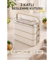 Bej 3 Katlı Beslenme Kutusu Çatal Kaşık Dahil Kilitli Kapaklı