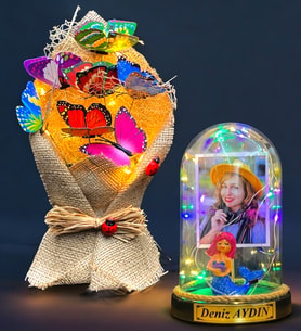 Kişiye Özel Renkli Led Işıklı Fanus ve Led Işıklı Kelebek Buketi Hediye Seti (Model 8)