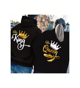 Nevermind Sevgili Çift Kombin King And Queen Baskılı Özel Tasarım Kapüşonlu Sweatshirt 2li Set Takım (Siyah-Sarı)