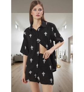 Kadın Etnik Desenli Shally Kumaş Rahat Pijama Takımı Şık Görünüm Uzun Ömürlü Mükemmel Uyum (Siyah)