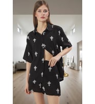 Kadın Etnik Desenli Shally Kumaş Rahat Pijama Takımı Şık Görünüm Uzun Ömürlü Mükemmel Uyum (Siyah)