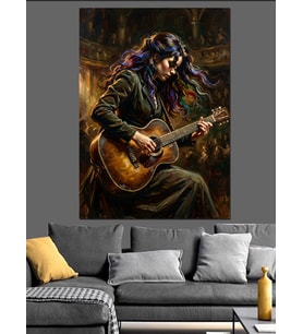 Gitar Çalan Uzun Saçlı Kadın Dekoratif Kanvas - Mdf Ahşap Tablo