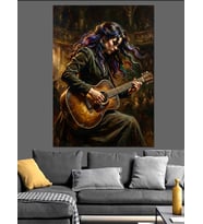 Gitar Çalan Uzun Saçlı Kadın Dekoratif Kanvas - Mdf Ahşap Tablo