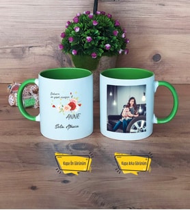 Anneye Hediye Kupa Bardak Yeşil Fotoğraflı Anneler Günü Hediyesi