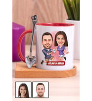 Eşe Yıldönümü Hediyesi Karikatürlü Ahşap Altlıklı Kırmızı Kupa Bardak