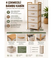 4 Çekmeceli Bambu Çerçeveli Kumaş Dolap - Çok Amaçlı Düzenleyici Şifonyer