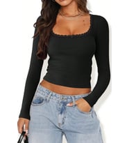 Kadın Siyah Kare Yaka Dantelli Uzun Kollu Crop Top Bluz
