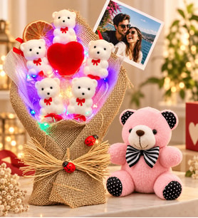 Kişiye Özel Fotoğraflı Renkli LED Işıklı Ayıcık Buketi ve Pembe Peluş Ayıcık Seti