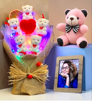 Kişiye Özel Fotoğraflı Renkli LED Işıklı Ayıcık Buketi ve Pembe Peluş Ayıcık Seti
