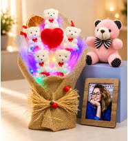Kişiye Özel Fotoğraflı Renkli LED Işıklı Ayıcık Buketi ve Pembe Peluş Ayıcık Seti