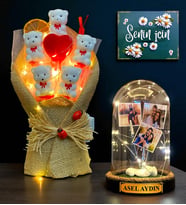 Size Özel İsimli 3 Fotoğraflı Led Işıklı Fanus ve Led Işıklı Ayıcık Buketi (Model 1)