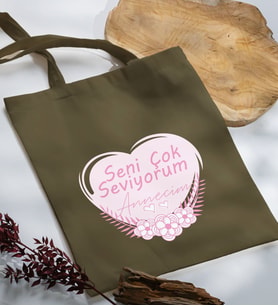 BK Gift Anneler Günü Tasarımlı Haki Kumaş Bez Çanta, Baskılı Omuz Çantası, Alışveriş Çantası, Anneler Günü Hediyesi, Anneye Hediye-1