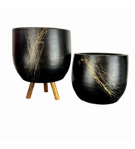 Bitki Tasarımı Siyah Üzeri Gold Mermer Efektli Toprak Saksı Saksılık Salon Çiçeklik İkili Set Ayaksız - 3 Ayaklı- 19 CM