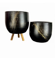 Bitki Tasarımı Siyah Üzeri Gold Mermer Efektli Toprak Saksı Saksılık Salon Çiçeklik İkili Set Ayaksız - 3 Ayaklı- 19 CM