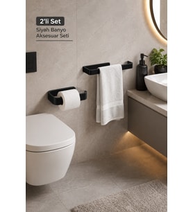 Siyah Lamalı 2'li Banyo Seti, Lamalı Solo Havlu Kağıdı Askısı, Lamalı Tuvalet Kağıdı Askısı, Hem Yapışkanlı Hem Montajlı Ürün