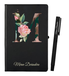 Kişiye Özel Arkadaşa Hediye Siyah Defter ve Siyah Roller Kalem Seti
