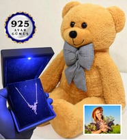 Size Özel Fotoğraflı Set Işıklı Kutusunda 925 Ayar Gümüş Kolye ve 80cm Kahve Ayıcık (Model 5)