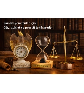 3 Lü Lüks Ofis Dekor Seti Masa Üstü Kartal Saat & Kişiye Özel İsimli Kum Saati & Adalet Terazi Seti