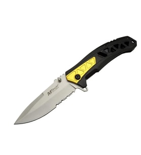 Mtech 4191 Sarı Kamp Çakı 21cm - Yarı Otomatik, Kemerlikli, Testere Detaylı, Desenli Sap