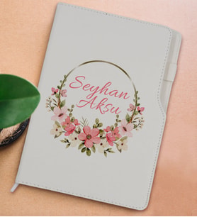BK Gift Kişiye Özel Çiçek Tasarımlı Beyaz Termo Deri Not Defteri 15x21cm-23