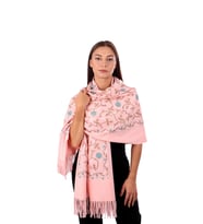 Bursa İpek Pembe Nakışlı Kışlık Şal