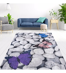 Nur Home Çakıl Taşı Kelebekli Süngerli Kadife Lastikli Halı Örtüsü, NRH-39 (Çok Renkli)