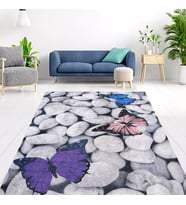 Nur Home Çakıl Taşı Kelebekli Süngerli Kadife Lastikli Halı Örtüsü, NRH-39 (Çok Renkli)