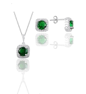 Söğütlü Silver Gümüş beyaz altın rodyumlu kök zümrüt taşlı kare ikili set