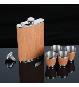 Lüks Suni Deri Kaplama Paslanmaz Çelik İçki Matarası Avcı Kamp Outdoor Hediye Seti Matarası 270 ml.